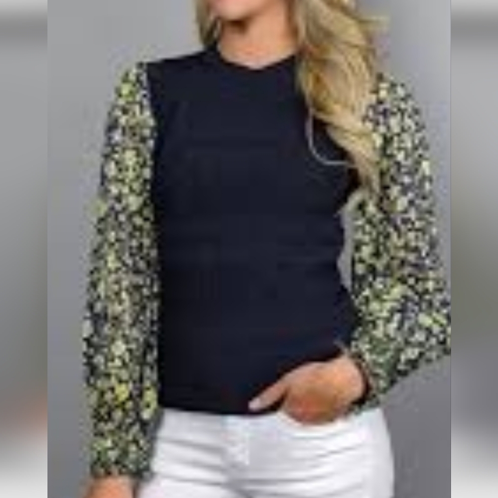 NWT Anthropologie Current Air Los Angeles  Floral Sleeve Navy Blue Top Size L